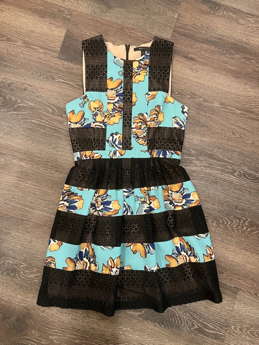 BCBGMaxAzria Aqua and Black Floral-Trim Dress - 4